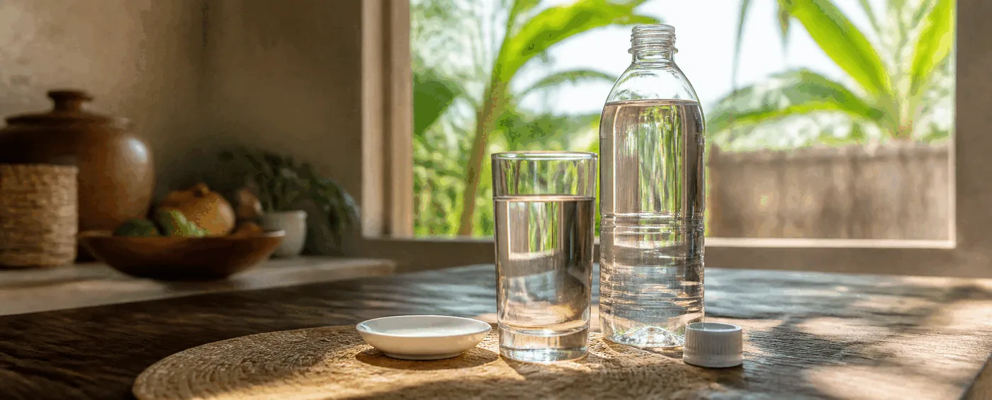 Copo de água limpa numa mesa doméstica com luz natural
